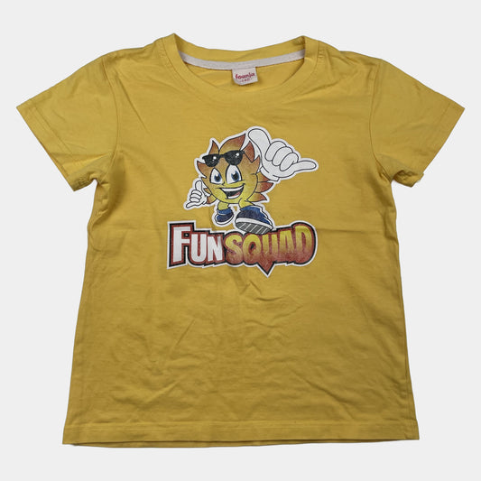 Gelbes T-Shirt mit Fun Squad Druck, Größe 140 – front