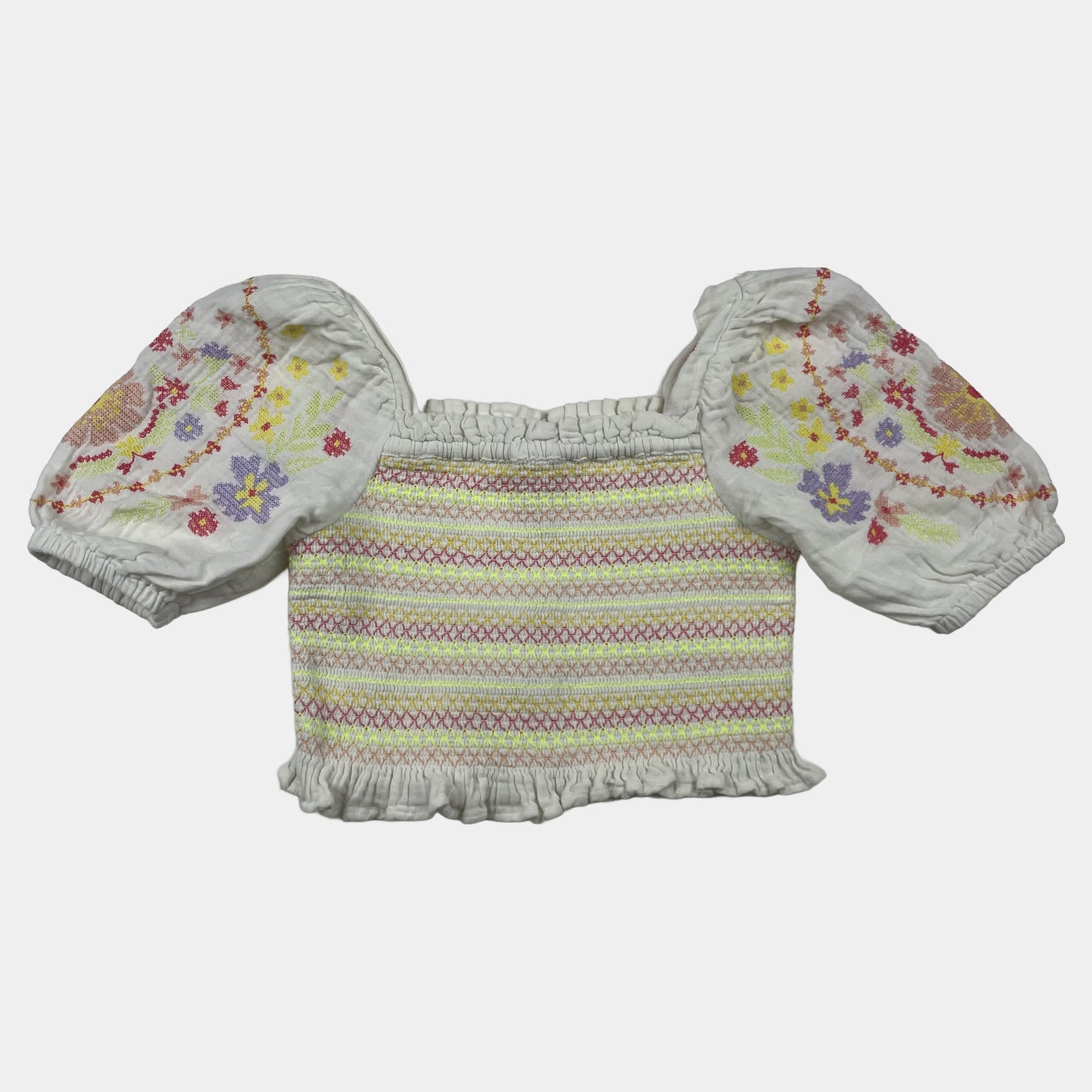 Mehrfarbige bestickte Kinderbluse mit Puffärmeln – front