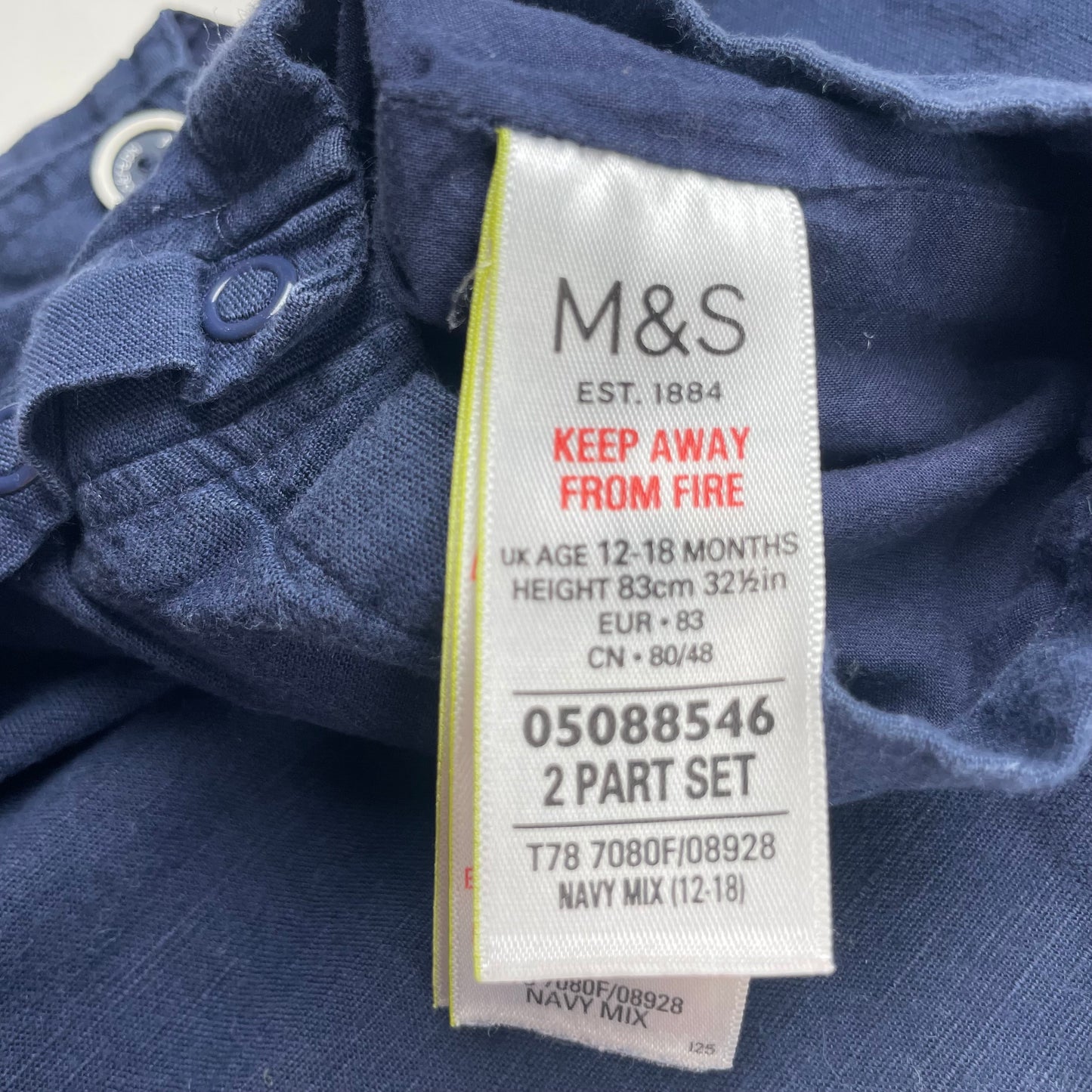 Dunkelblauer Leinen-Baumwoll-Overall für Kinder, 12-18 Monate, Marke M&S – label