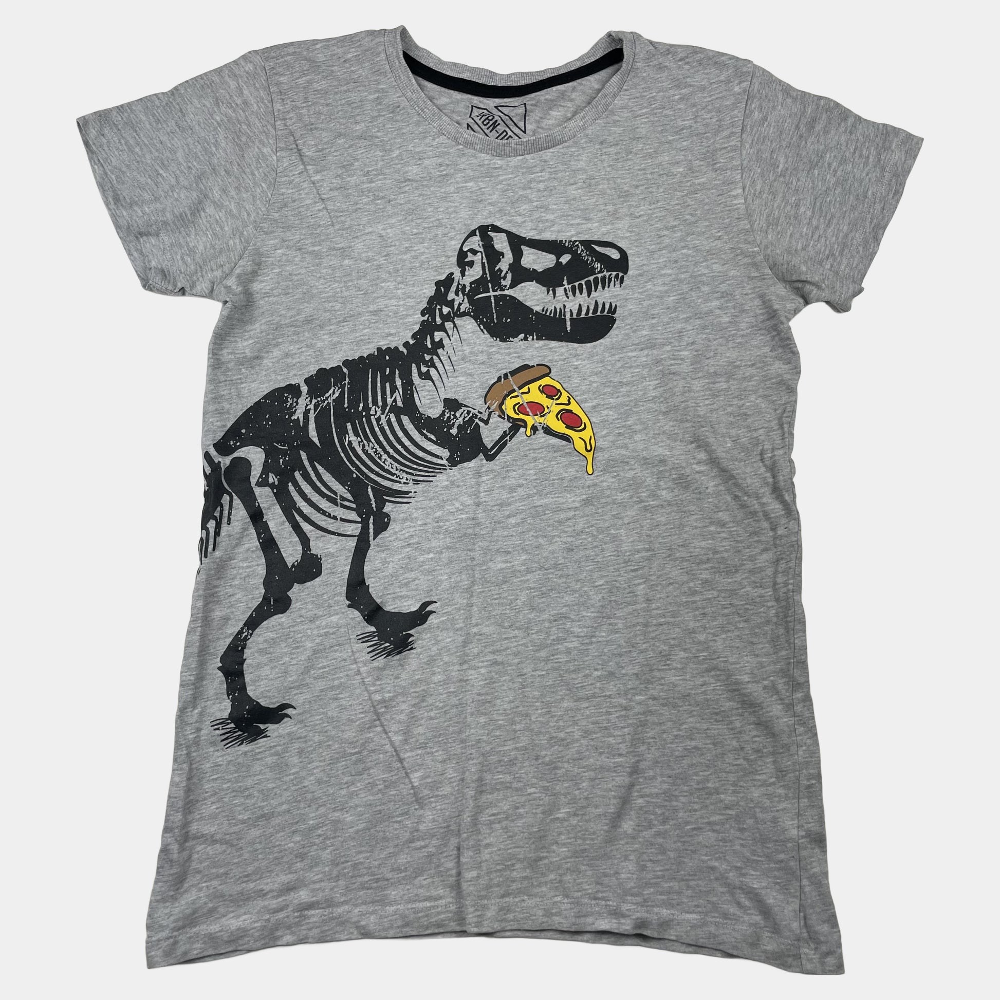 Graues T-Shirt mit Dinosaurier-Skelett und Pizzamotiv, Größe 13 Jahre – front