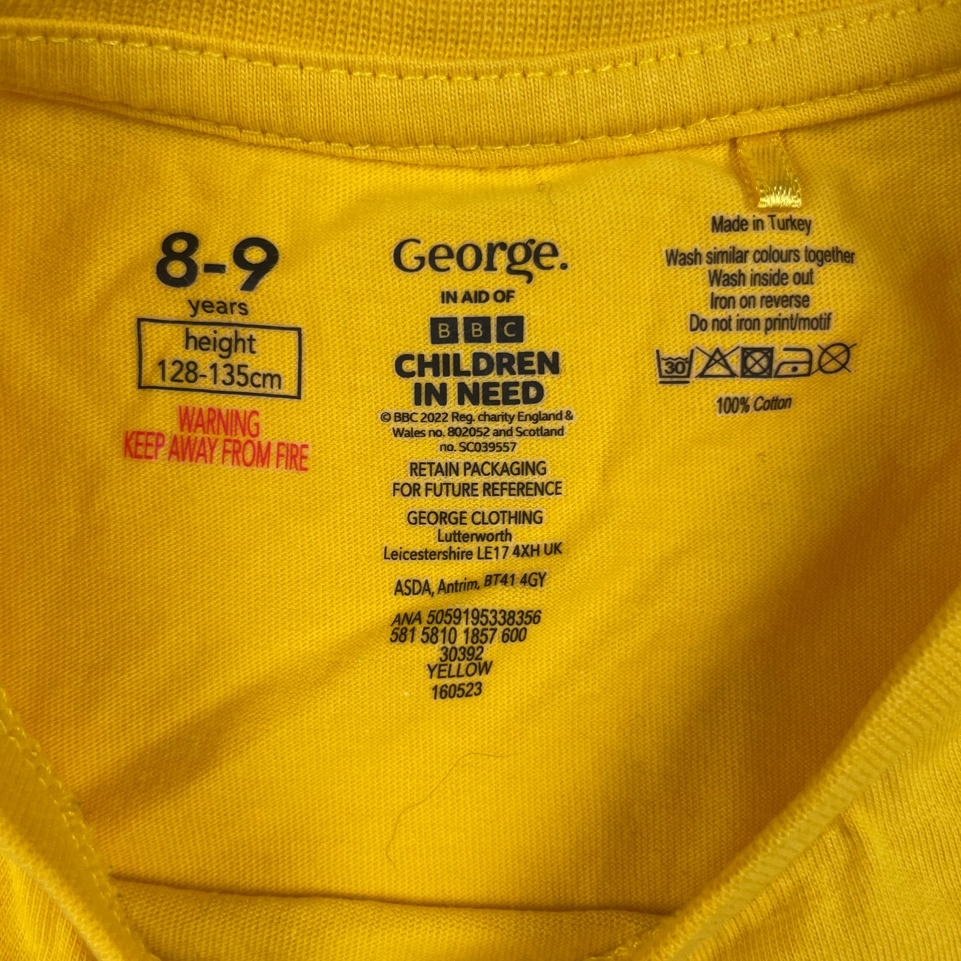 Gelbes Pudsey Baumwoll-T-Shirt mit Aufdruck in Größe 8-9 Jahre – label