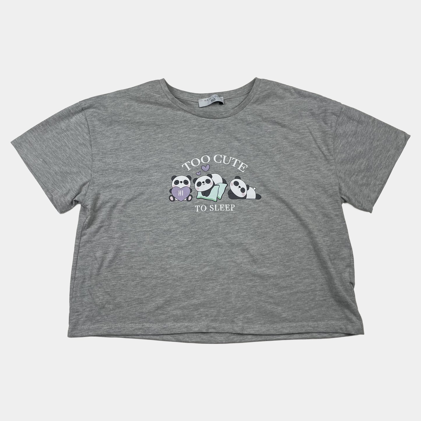 Graues T-Shirt mit Pandadruck und dem Text 'Too Cute to Sleep' – front