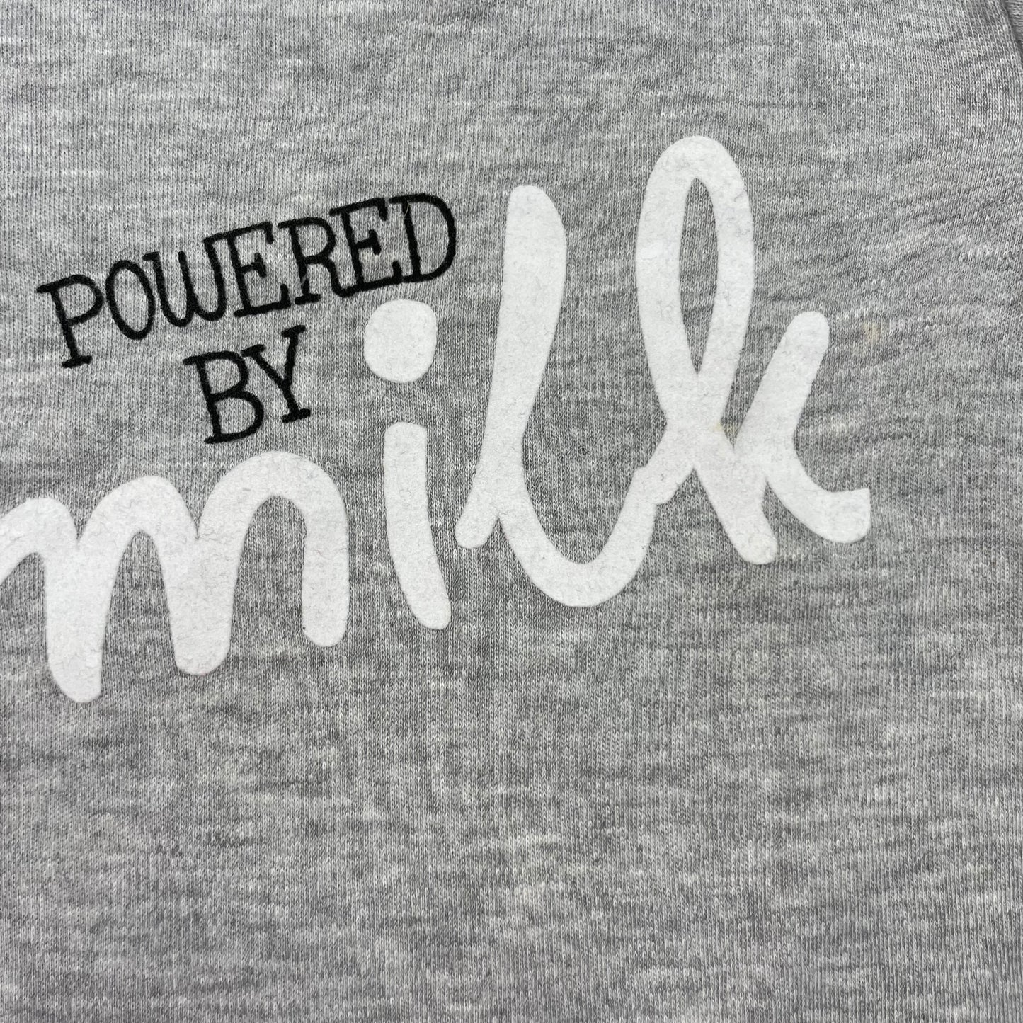 Grauer Body mit Schriftzug 'Powered by milk' und kontrastierenden Rändern. – detail