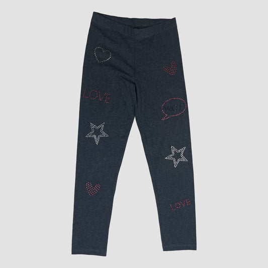 Dunkelgraue Leggings mit Herz- und Stern-Nieten von George, Größe 9–10 Jahre – front