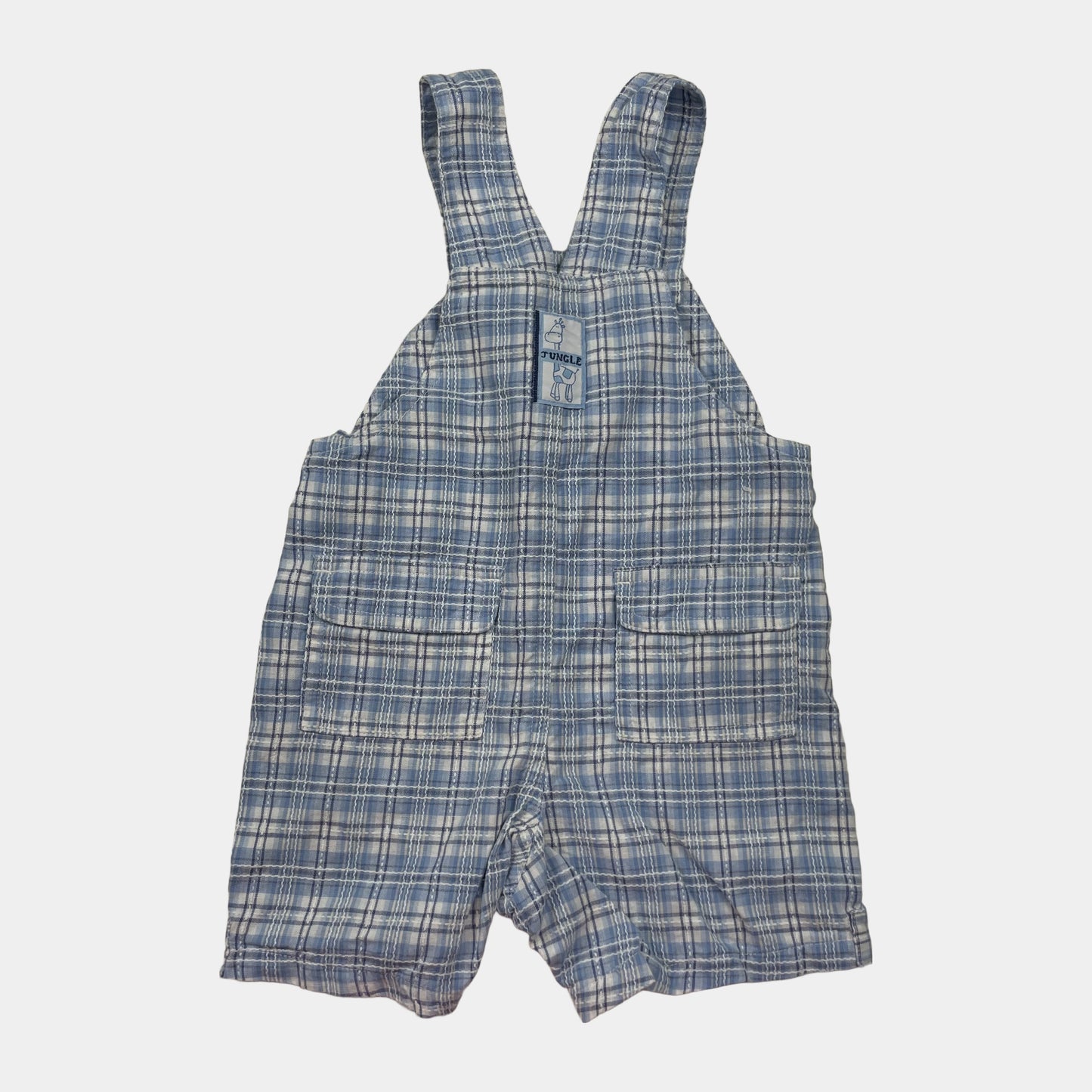 Blauer Baumwoll-Overall mit kariertem Muster und Taschen. – back