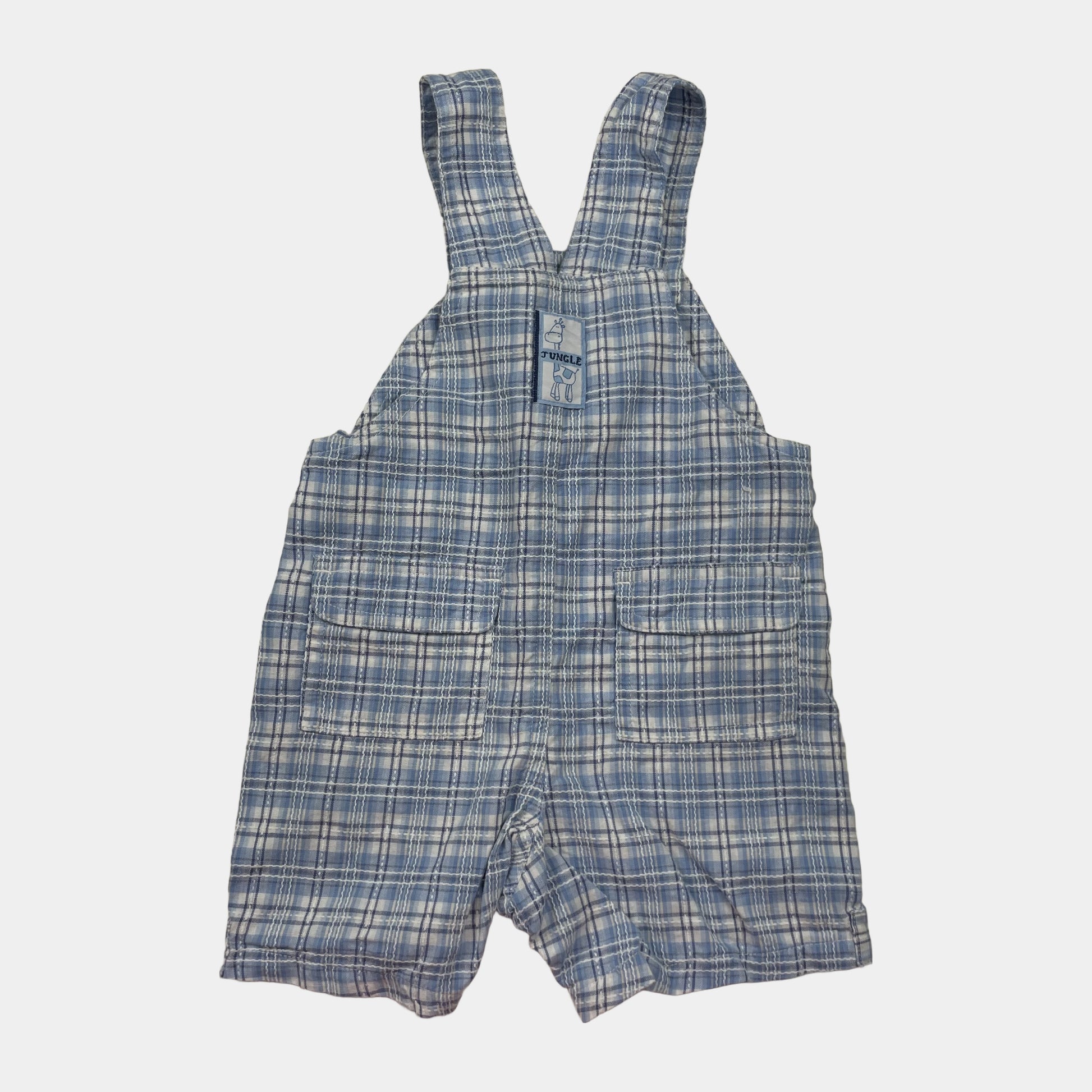 Blauer Baumwoll-Overall mit kariertem Muster und Taschen. – back