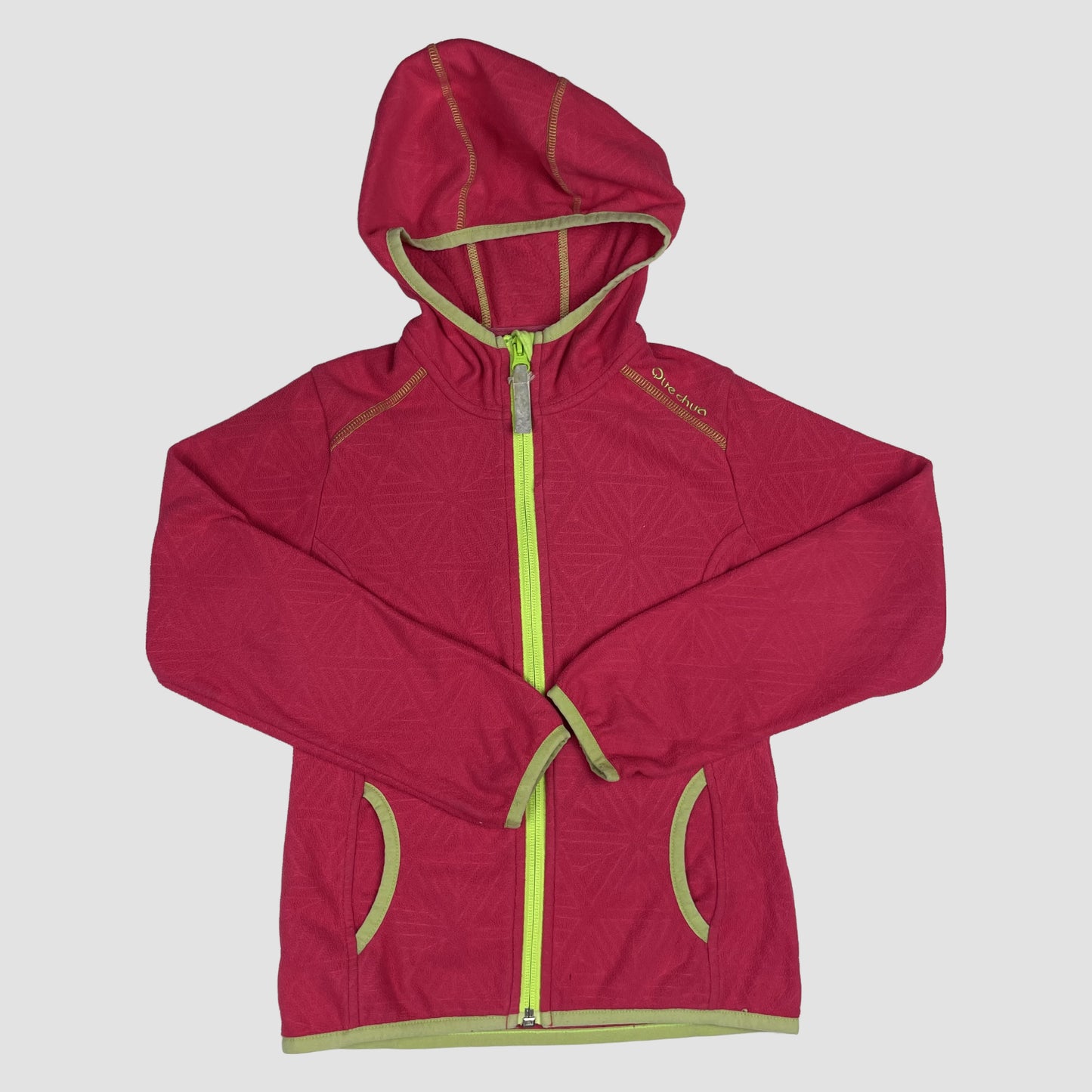 Rosa Kinder-Kapuzenjacke mit grünen Kontrasten, Reißverschluss, Taschen und Daumenlöchern – front