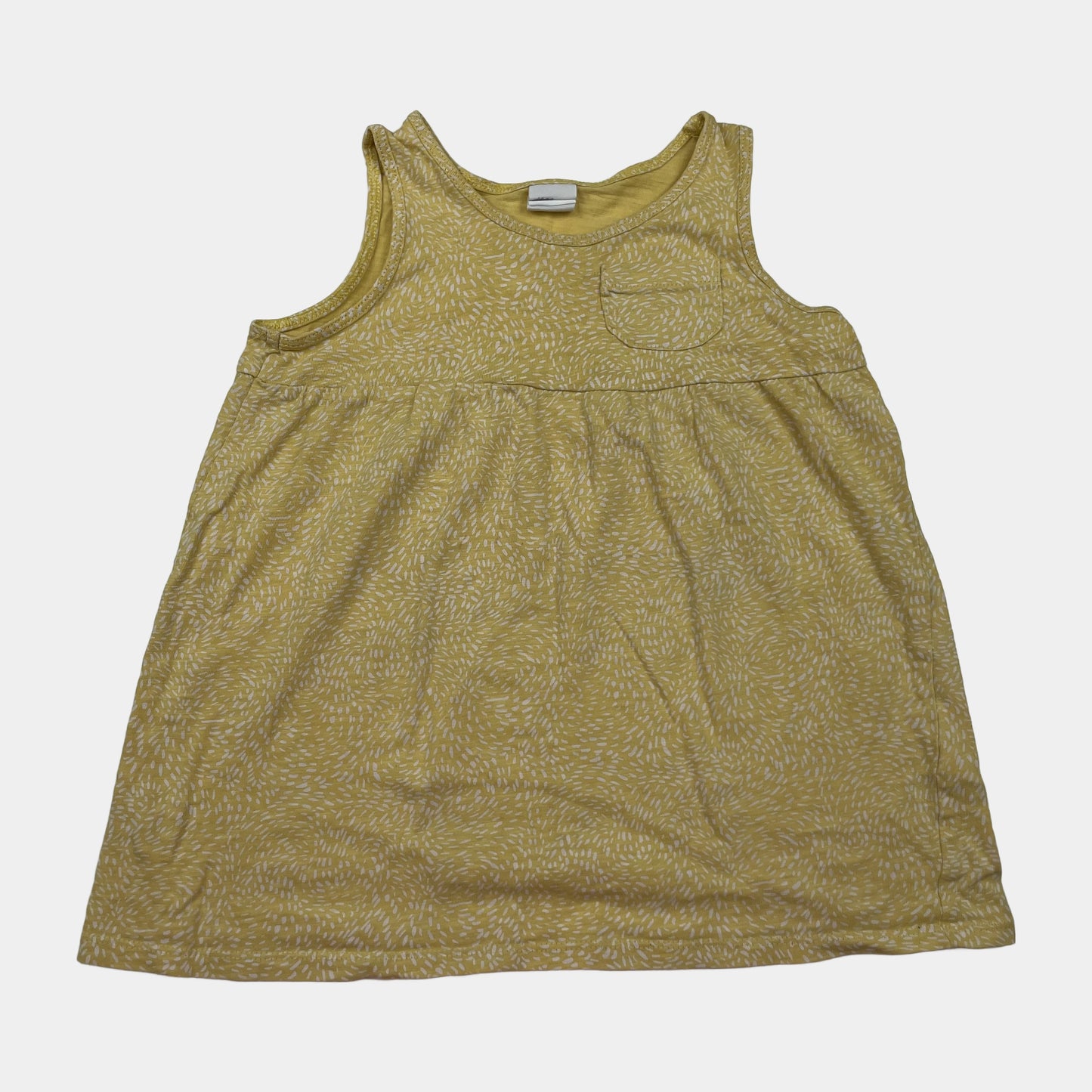 Gelbes ärmelloses Baumwoll-Kleid mit dezentem Muster – front