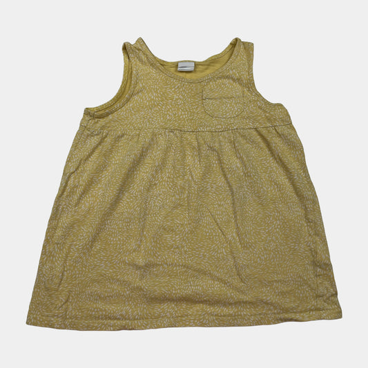 Gelbes ärmelloses Baumwoll-Kleid mit dezentem Muster – front