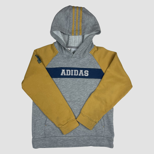 Grauer und gelber Adidas Kapuzenpullover mit blauem Bruststreifen und ADIDAS-Schriftzug, Größe 140 – front