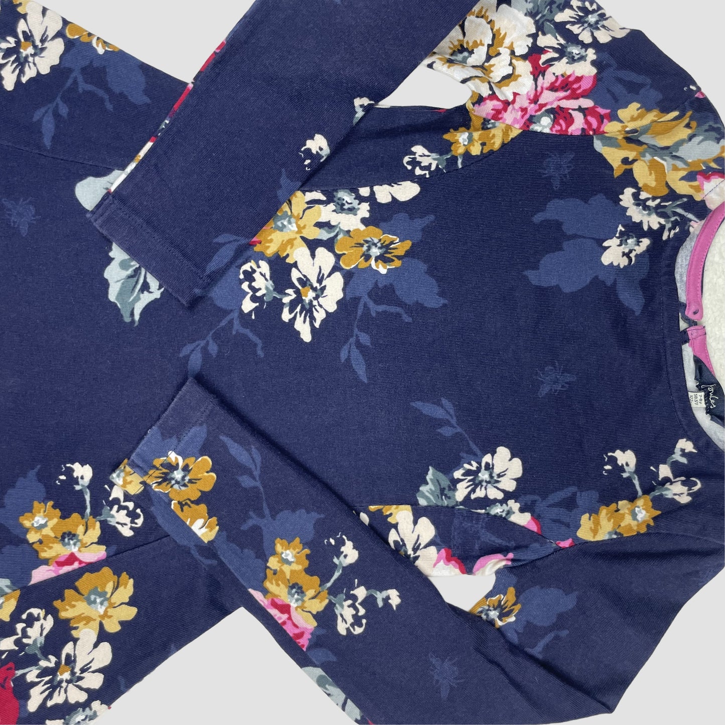 Joules Kleid blau mit Blumen, langarm, Größe 122–128 (7–8 Jahre) – detail