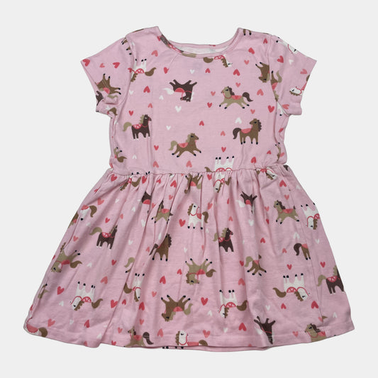 Rosa Baumwoll-Kleid mit Pferdemuster für Mädchen Größe 146 – front