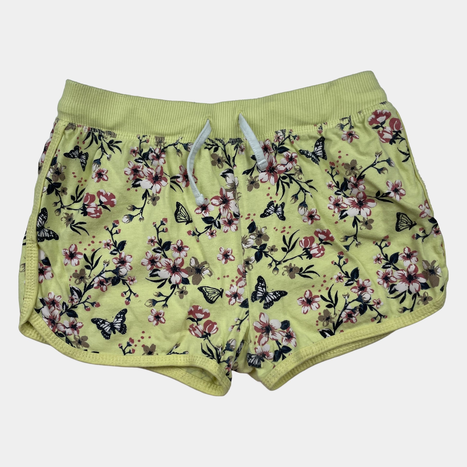 Gelbe Shorts mit Blumen- und Schmetterlingsmuster von YFK, Größe 128. – front