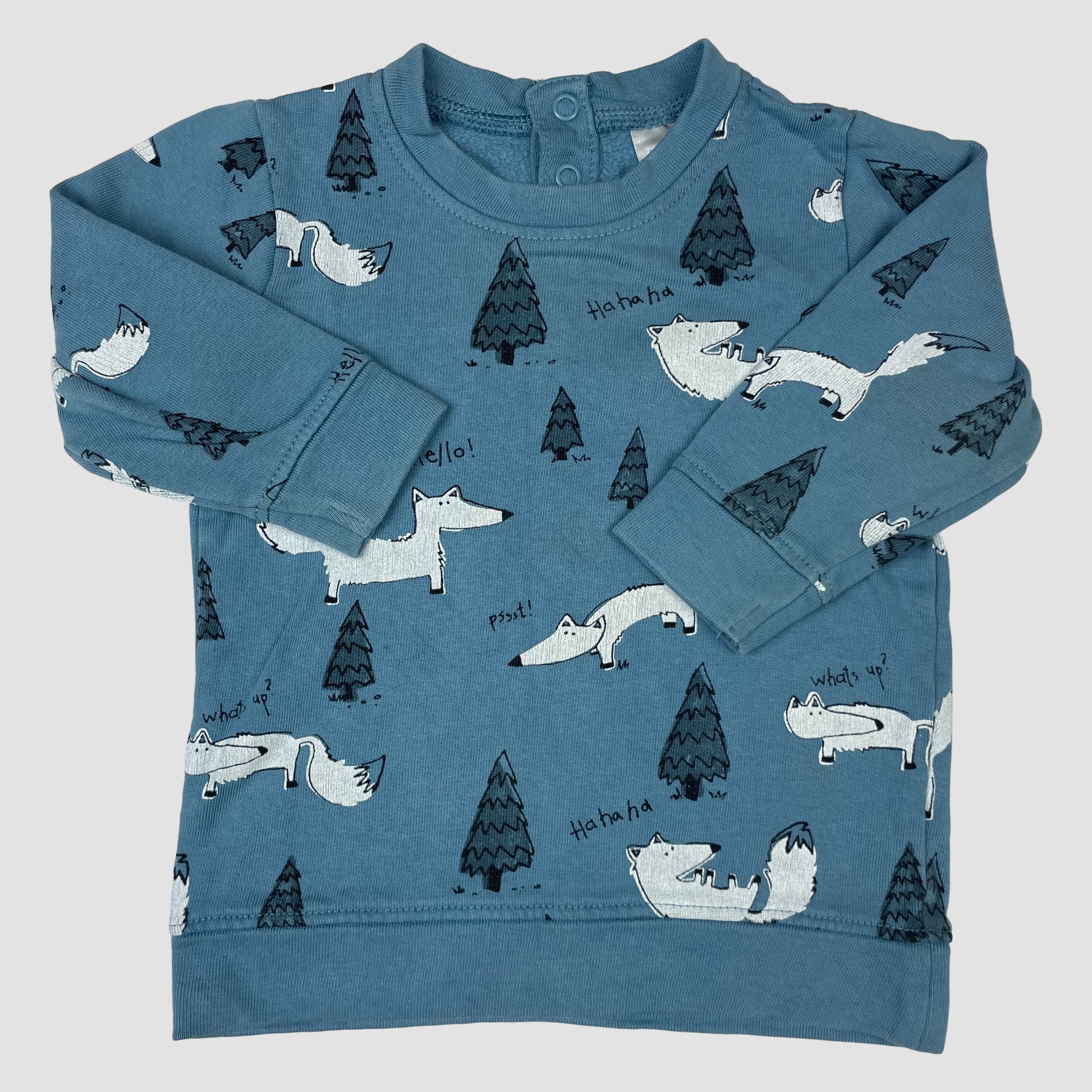 H&M blauer Baby-Pullover mit Fuchs-Print, Größe 74 – front