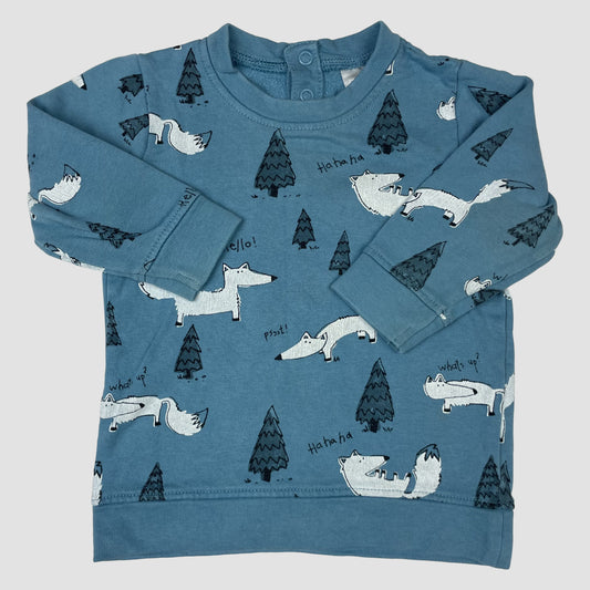 H&M blauer Baby-Pullover mit Fuchs-Print, Größe 74 – front