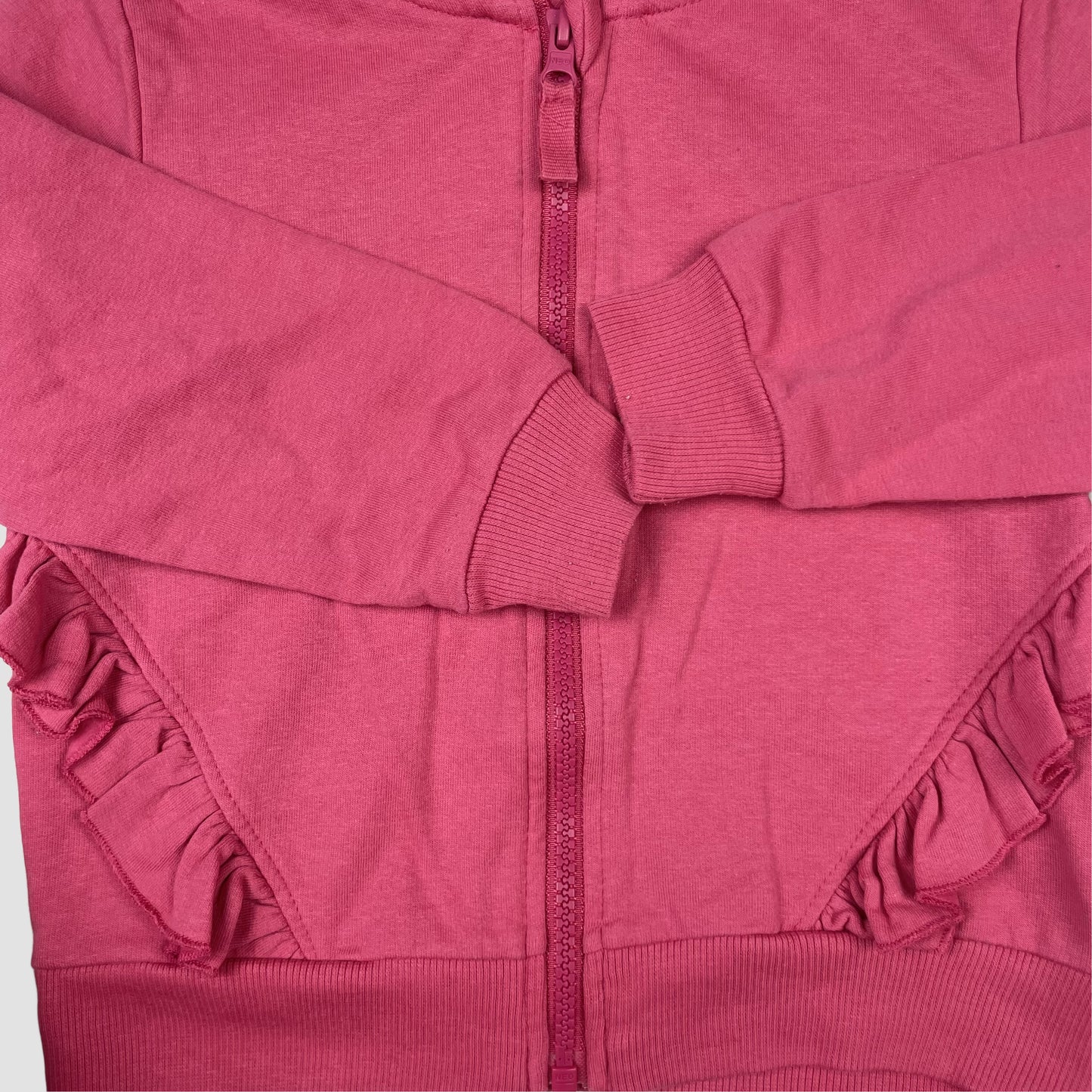 Pinkfarbene Sinsay Kinder-Kapuzen-Sweatjacke mit Rüschen, Größe 104 – zip
