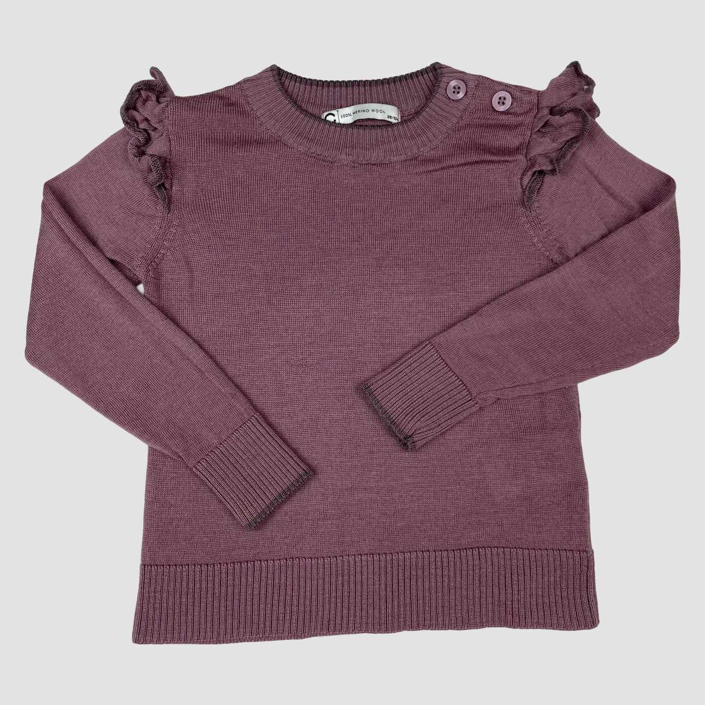 Lila Merino-Pullover mit Rüschen und zwei Schulterknöpfen, Größe 98/104 – front