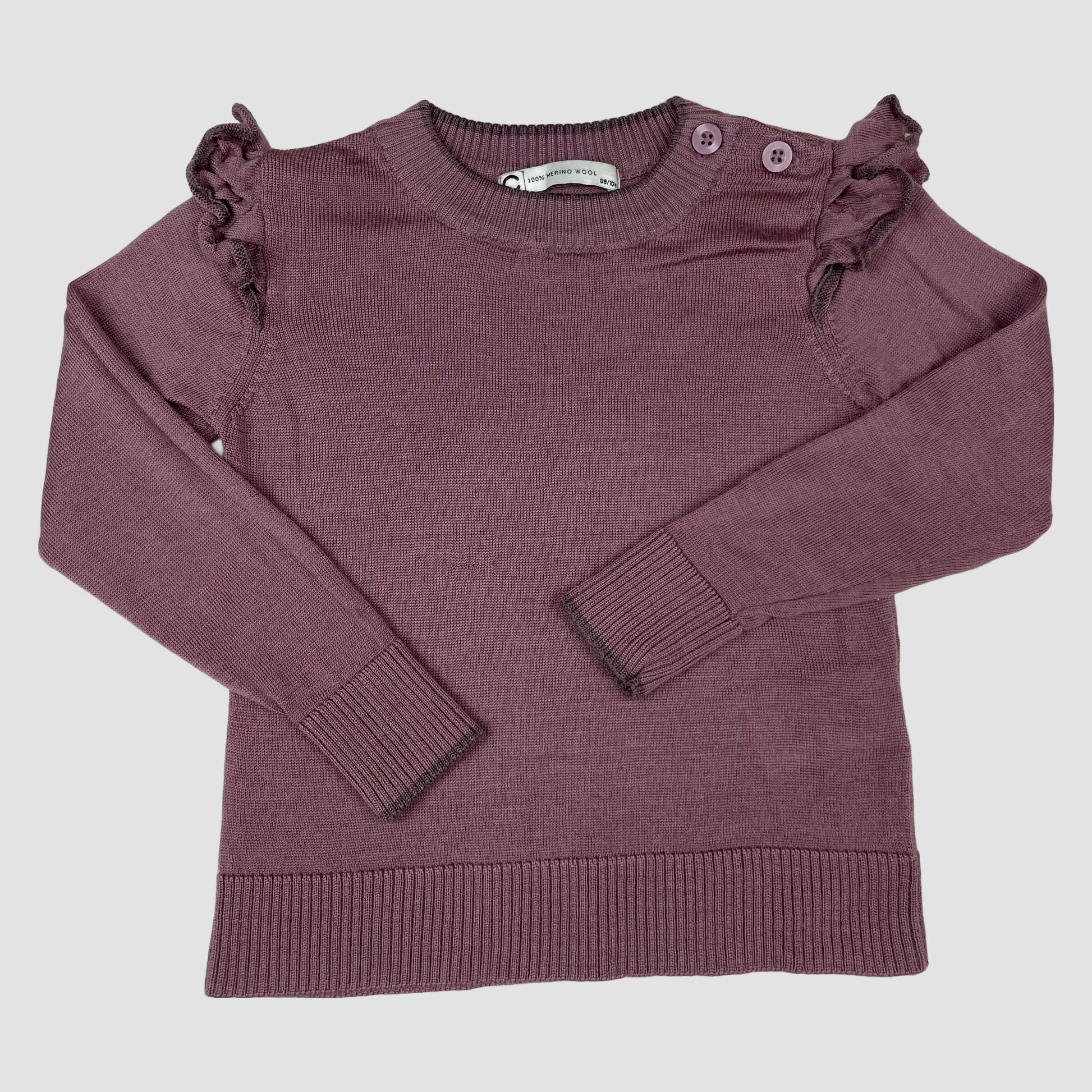 Lila Merino-Pullover mit Rüschen und zwei Schulterknöpfen, Größe 98/104 – front