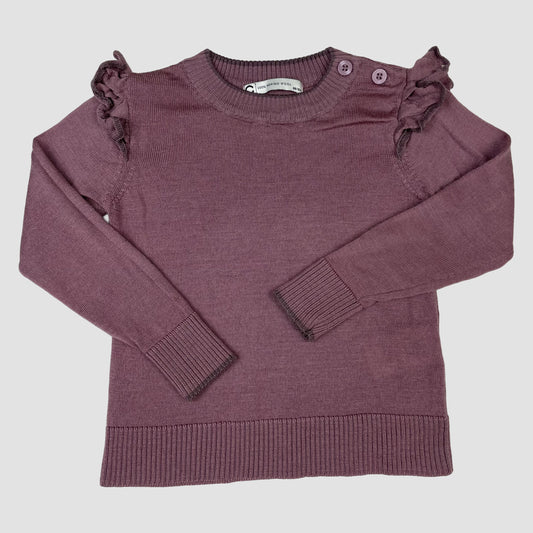 Lila Merino-Pullover mit Rüschen und zwei Schulterknöpfen, Größe 98/104 – front