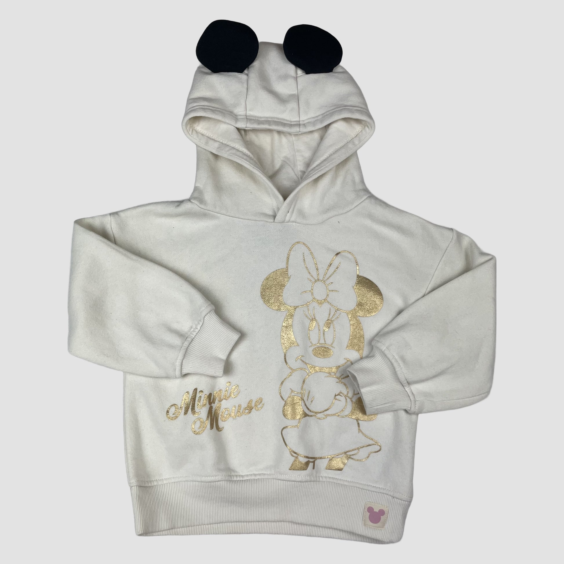 Cremeweißer Minnie-Mouse Kapuzenpullover mit goldfarbenem Print und Ohren, Größe 3–4 Jahre – front