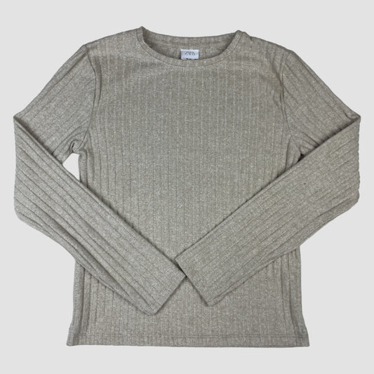 Beiger Zara Rippstrick-Pullover, Rundhalsausschnitt, lange Ärmel, Größe 164 (13–14 Jahre) – front