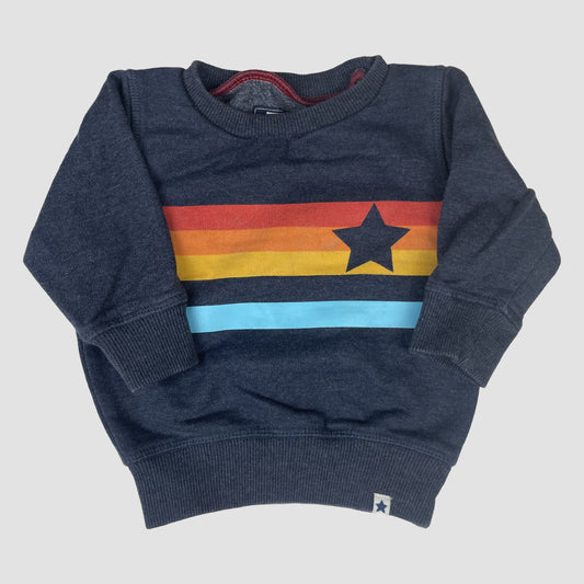 Dunkelgrauer Baby-Sweatshirt von Next mit bunten Streifen und Stern, Größe 3–6 Monate – front