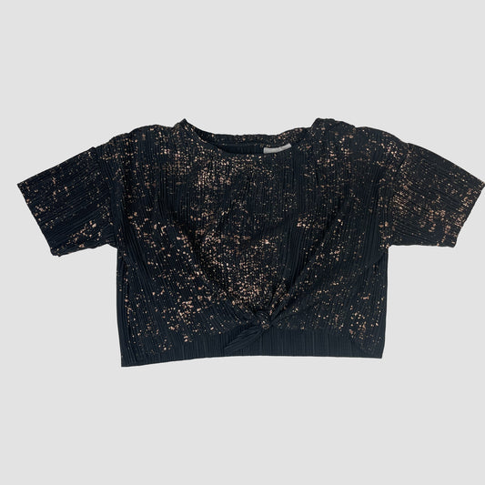 Schwarzes kurzärmeliges T-Shirt mit goldenen Sprenkeln und Knoten vorn, Größe 5 Jahre – front