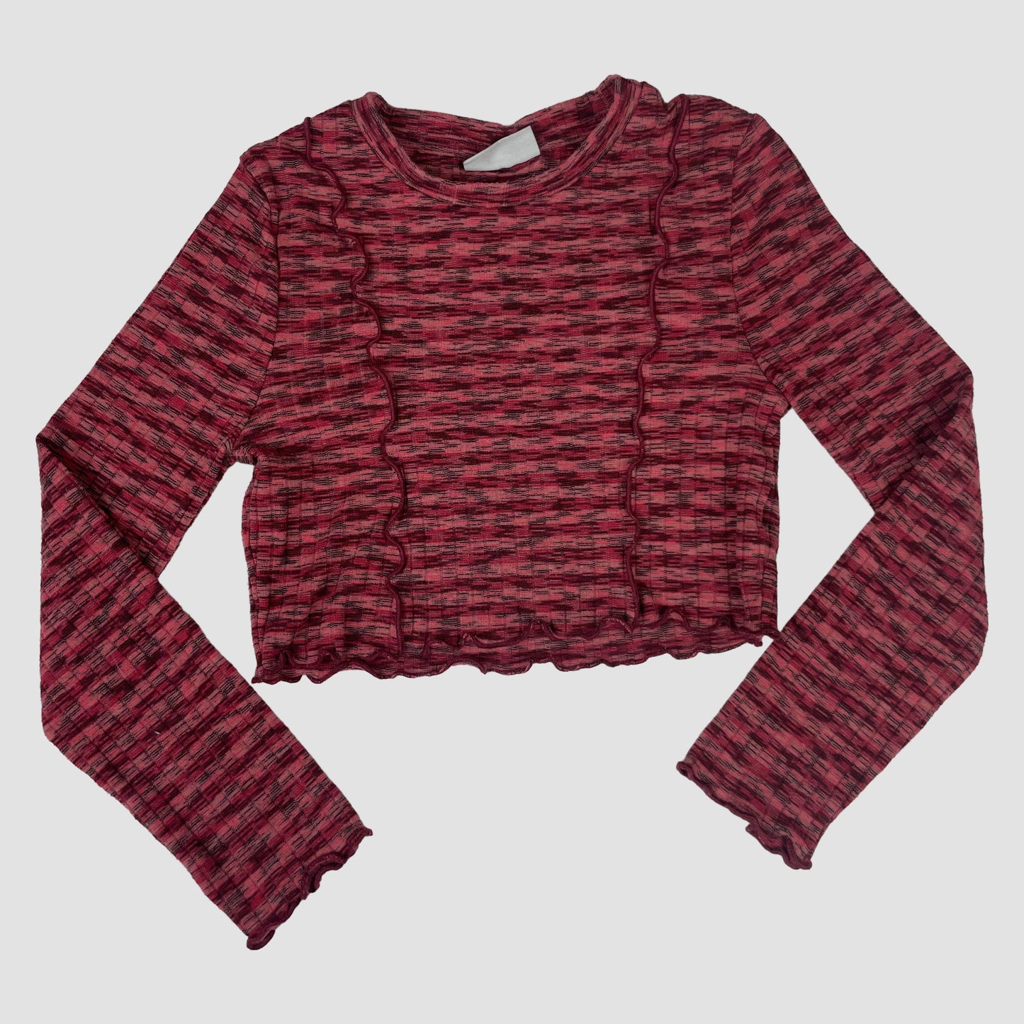 Rot-schwarz meliertes Langarm-Crop-Top mit Wellenkanten für Kinder, Größe 7 Jahre – front