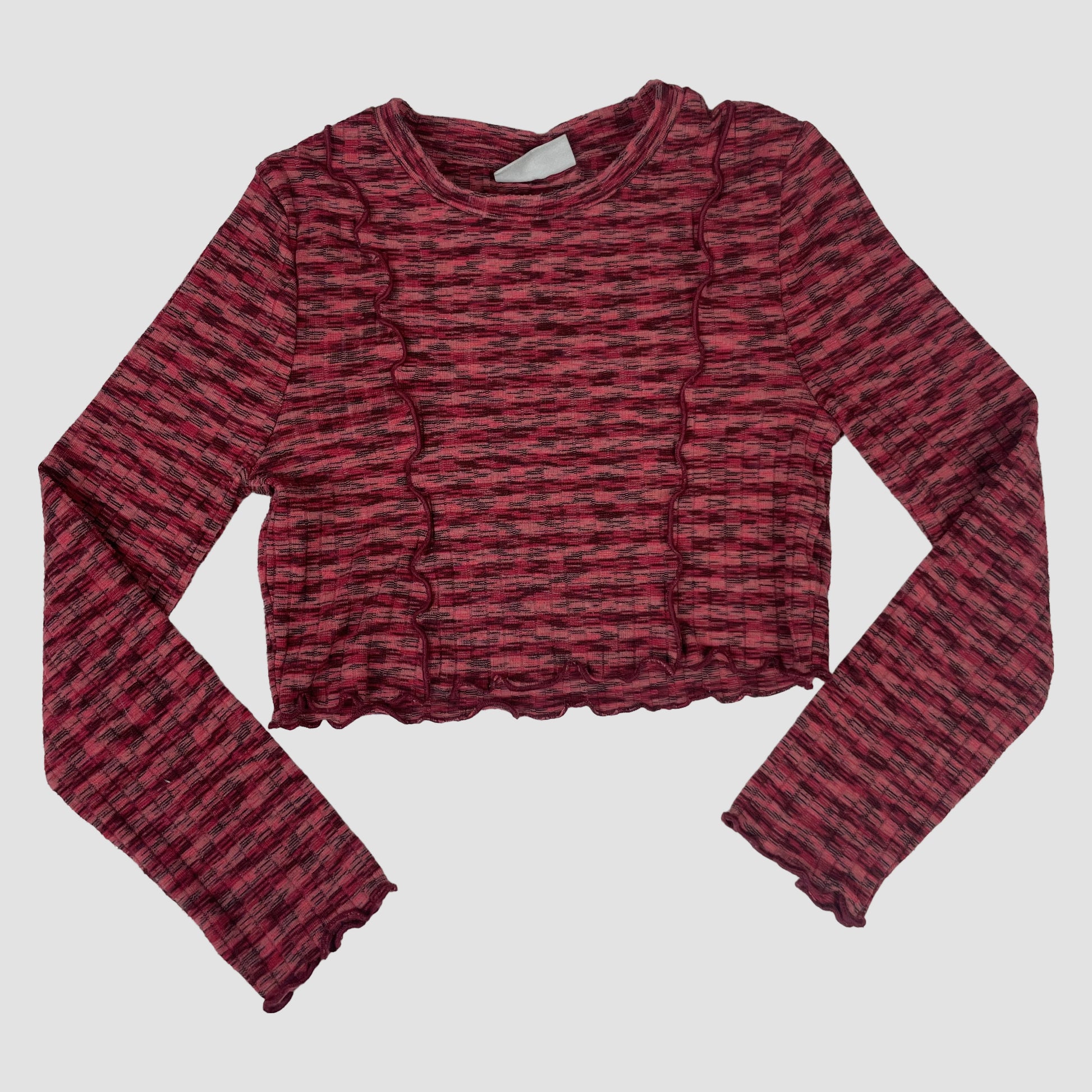 Rot-schwarz meliertes Langarm-Crop-Top mit Wellenkanten für Kinder, Größe 7 Jahre – front