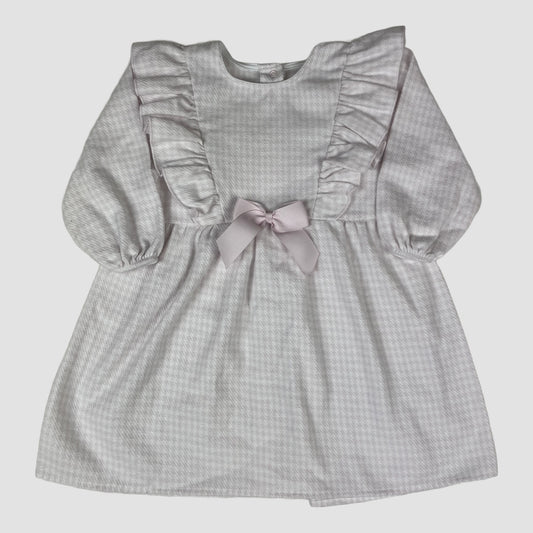 Rosa Rapife Babykleid mit Hahnentrittmuster, langen Ärmeln, Rüschen vorn und Schleife in der Taille, Größe 12M – front