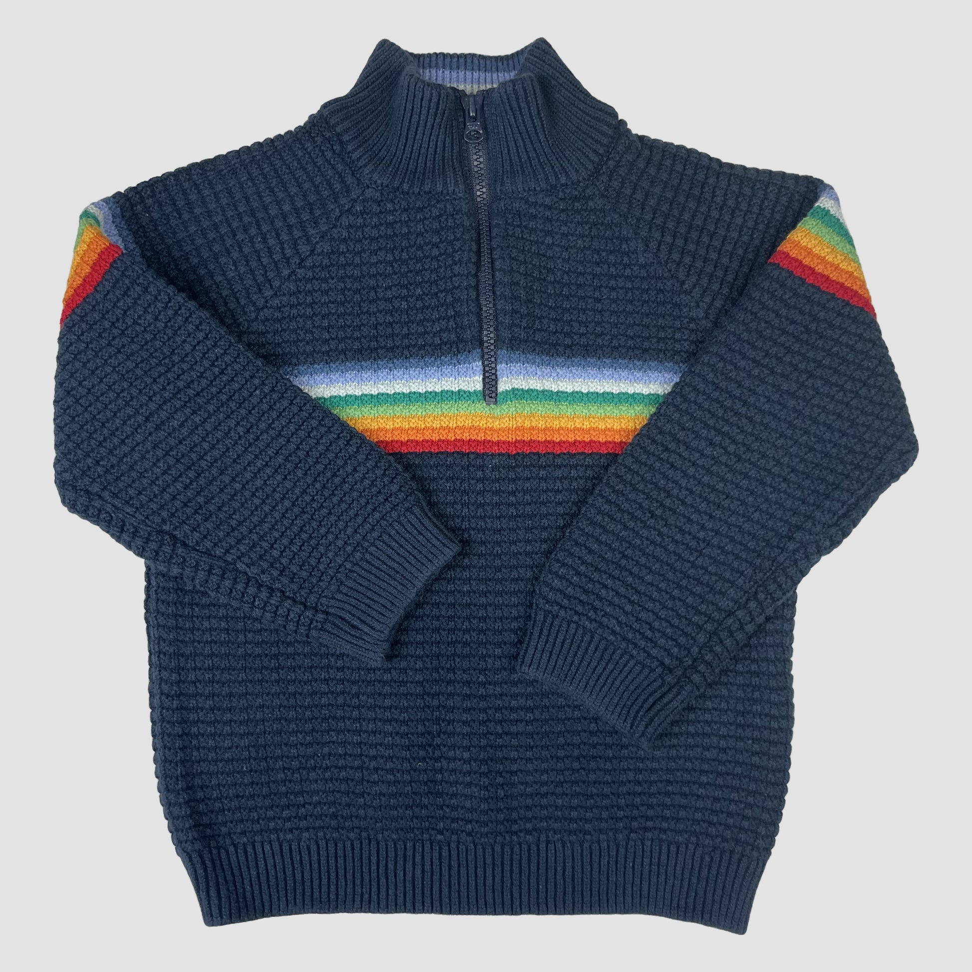 Dunkelblauer Kinder-Halbzip-Pullover mit Regenbogenstreifen, Next, Größe 92 – front
