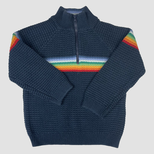 Dunkelblauer Kinder-Halbzip-Pullover mit Regenbogenstreifen, Next, Größe 92 – front