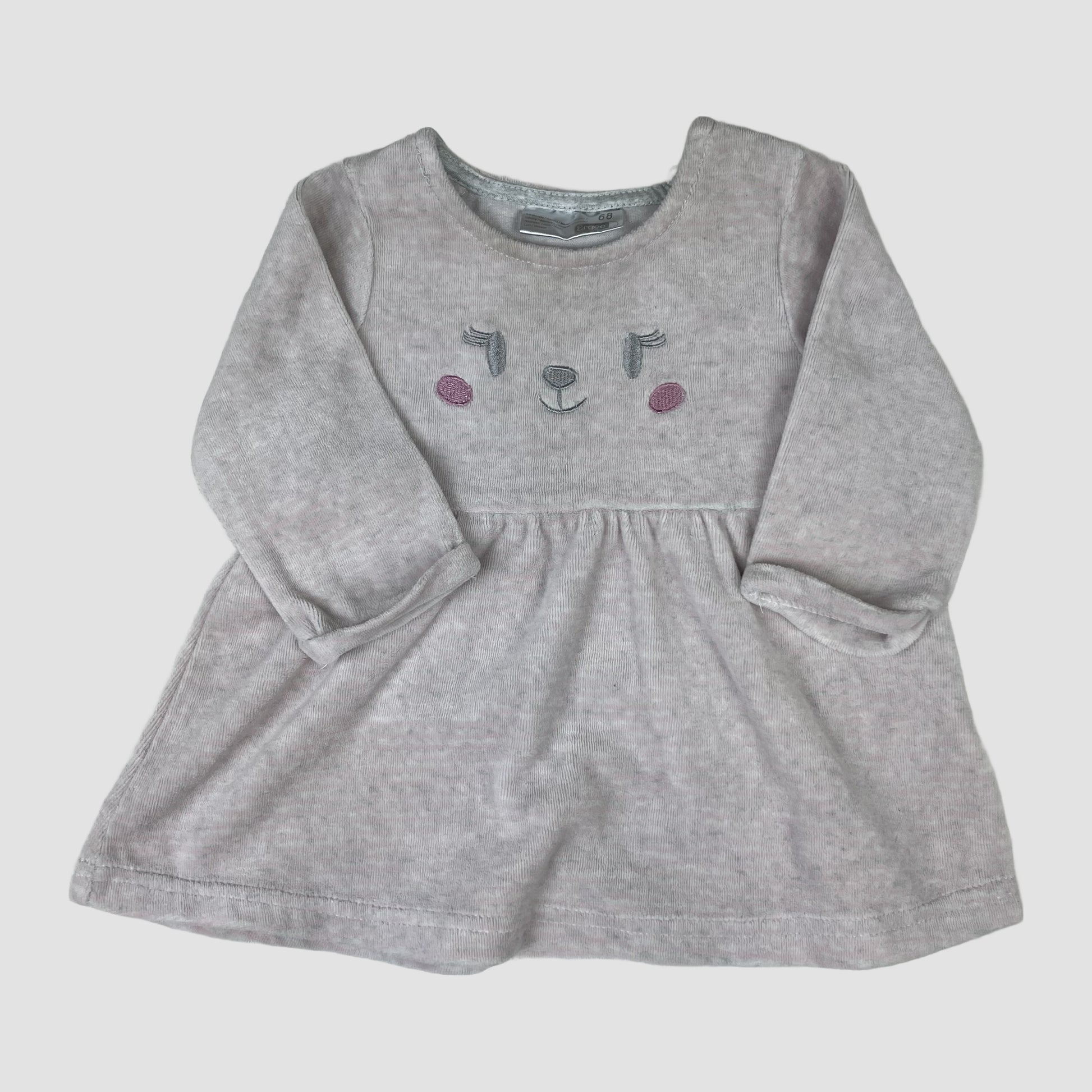 Rosa-graues Langarmkleid von Ergee mit gesticktem Tiergesicht, Größe 68