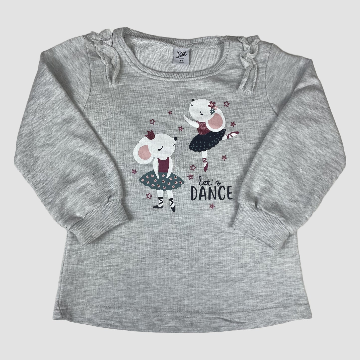 Grauer Kinder-Sweatshirt-Pullover von Kiki&Koko, Größe 98, mit tanzenden Mäusen und Sternen – front