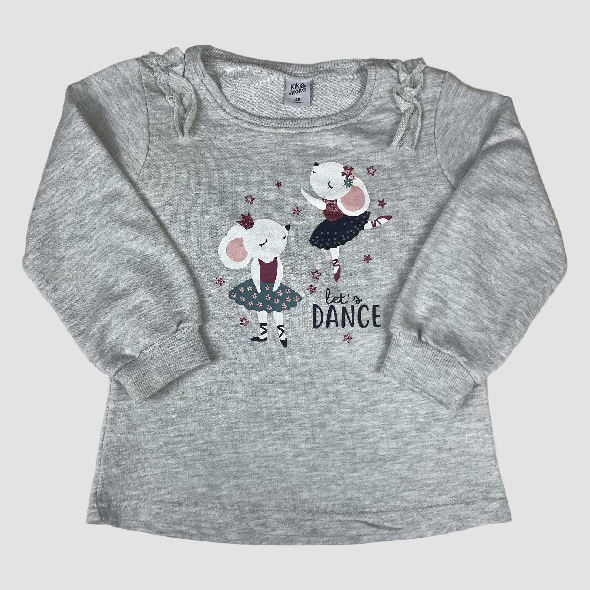 Grauer Kinder-Sweatshirt-Pullover von Kiki&Koko, Größe 98, mit tanzenden Mäusen und Sternen – front