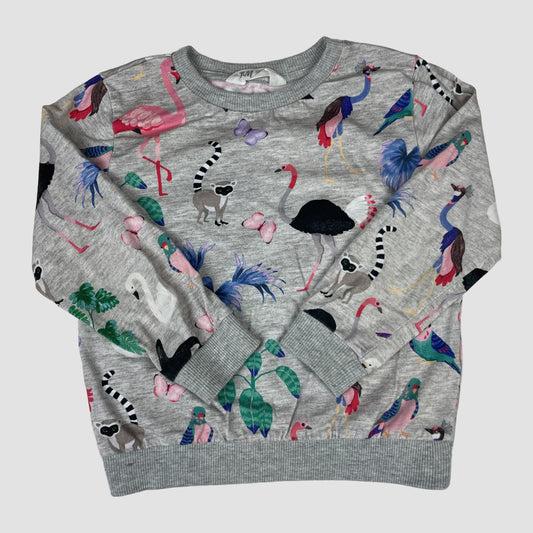 Grauer H&M Kinder-Pullover mit buntem Tier- und Vogel-Print, Größe 98/104 – front