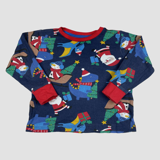 Dunkelblaues Schlafshirt mit Weihnachts- und Dino-Print, lange Ärmel, rote Bündchen, Größe 3–4 Jahre