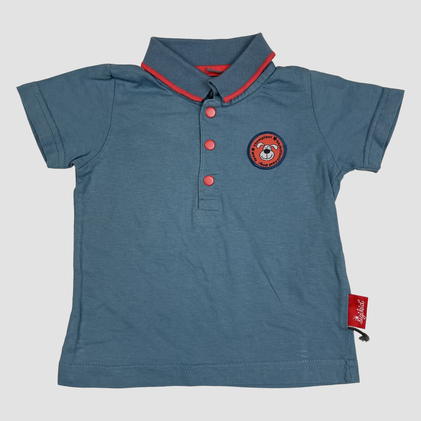 Blaues Sigikid Polo-T-Shirt Größe 74 mit roten Details und Patch – front