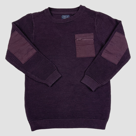 Dunkellila Kinder-Strickpullover von Next mit Rippstruktur, Brusttasche mit Reißverschluss und Ellbogenpatches, Größe 116