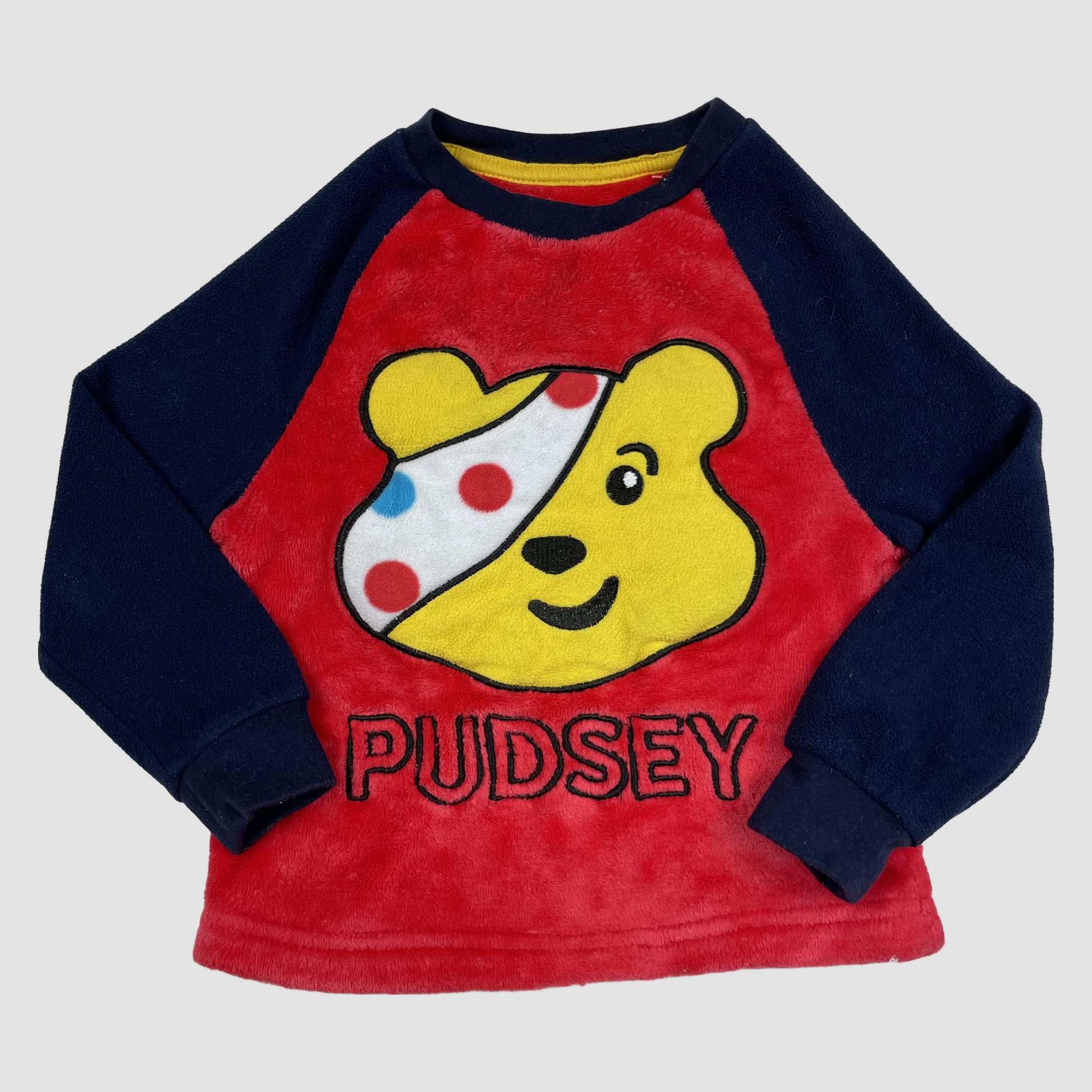 Roter Pudsey Fleece-Pullover von George mit dunkelblauen Ärmeln, Größe 2–3 Jahre