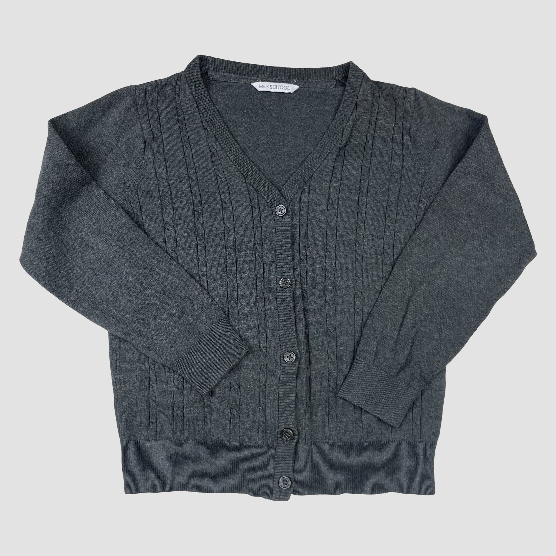 Graue M&S Strickjacke mit V-Ausschnitt, Größe 9–10 Jahre (140) – front