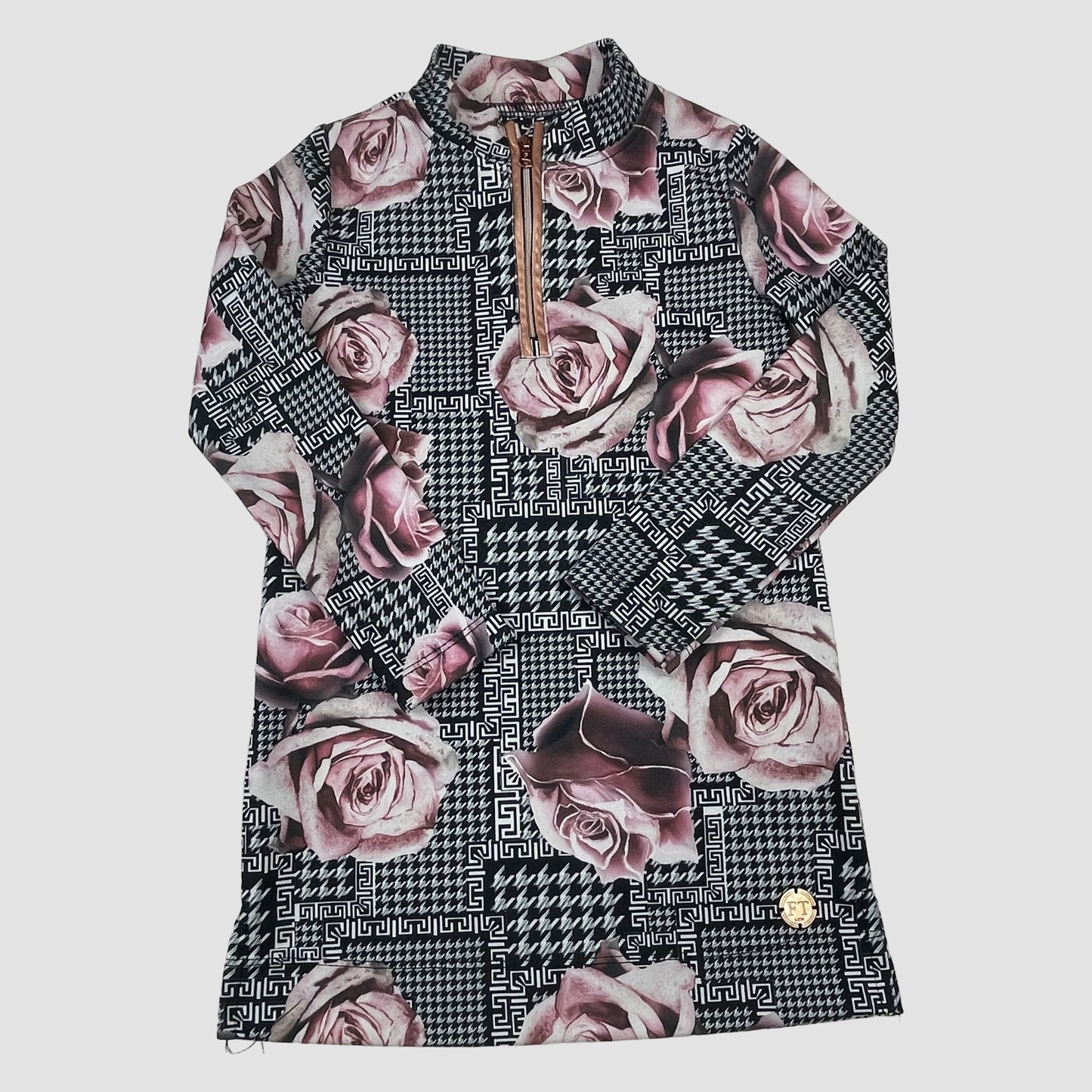 Firetrap Mädchenkleid mit Rosenprint in Schwarz-Weiß, Langarm und Frontreißverschluss