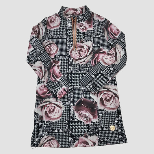 Firetrap Mädchenkleid mit Rosenprint in Schwarz-Weiß, Langarm und Frontreißverschluss