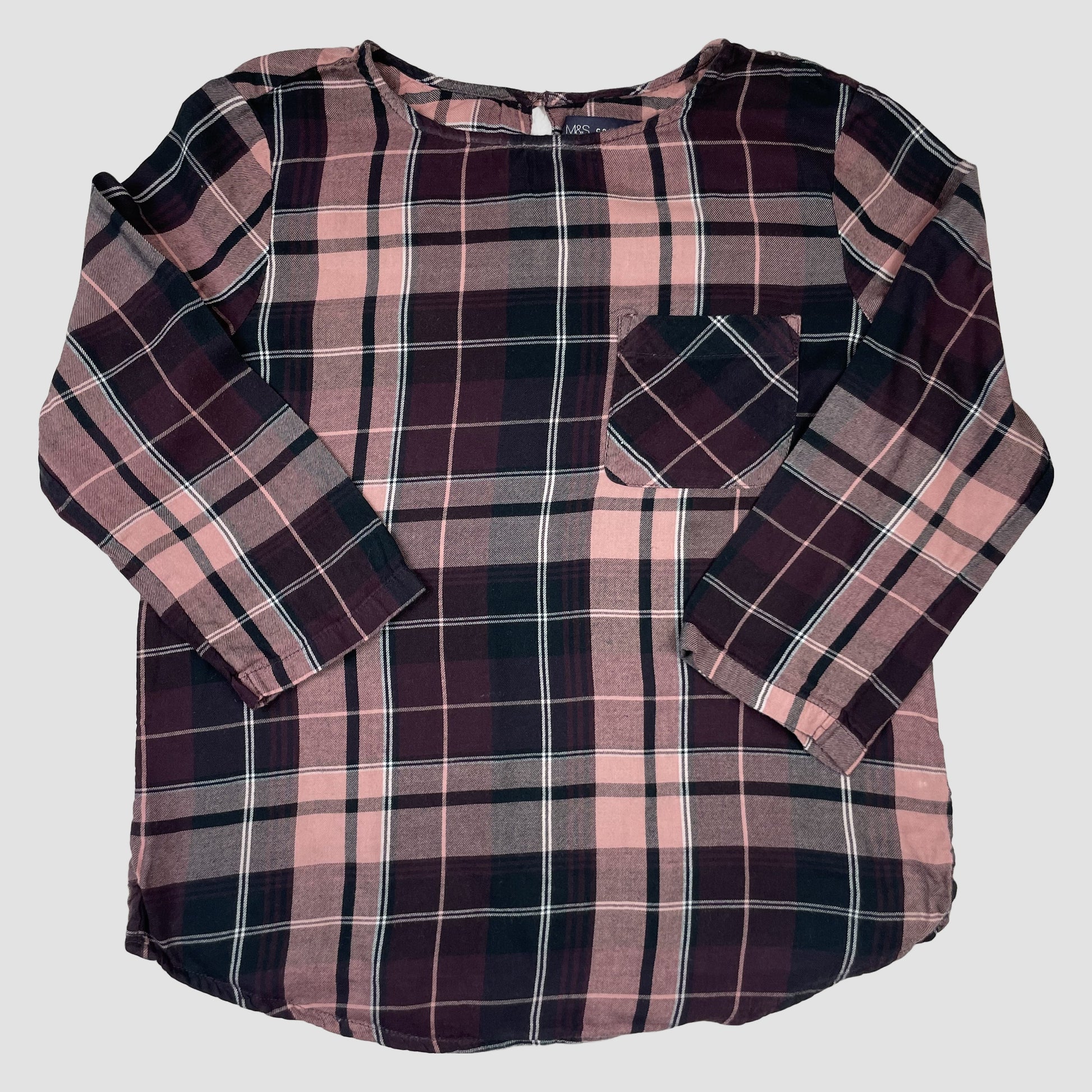 Karierte langärmlige Bluse in Rosa und Bordeaux von M&S Collection mit Brusttasche.