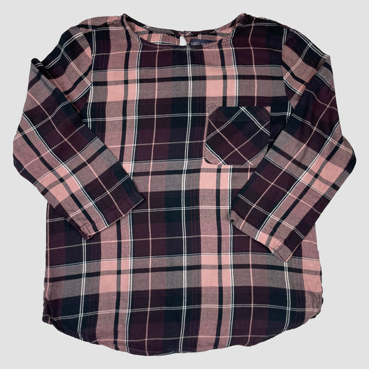 Karierte langärmlige Bluse in Rosa und Bordeaux von M&S Collection mit Brusttasche.