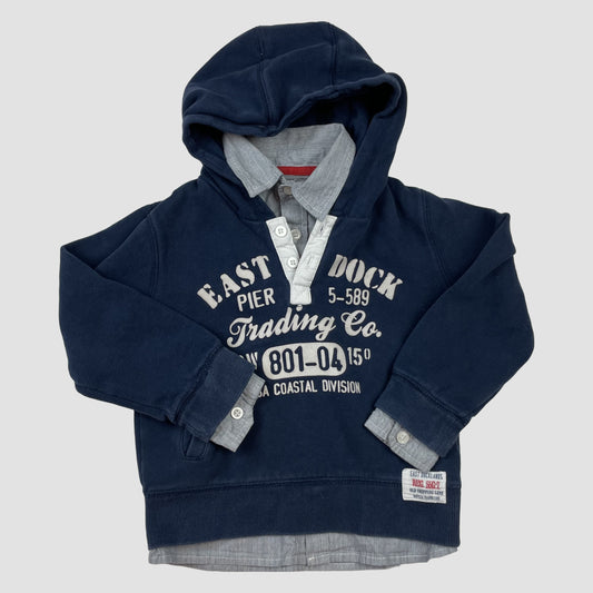 Dunkelblauer Kapuzenpullover mit Hemdkragen-Lagenlook von Dunnes, Größe 2–3 Jahre – front