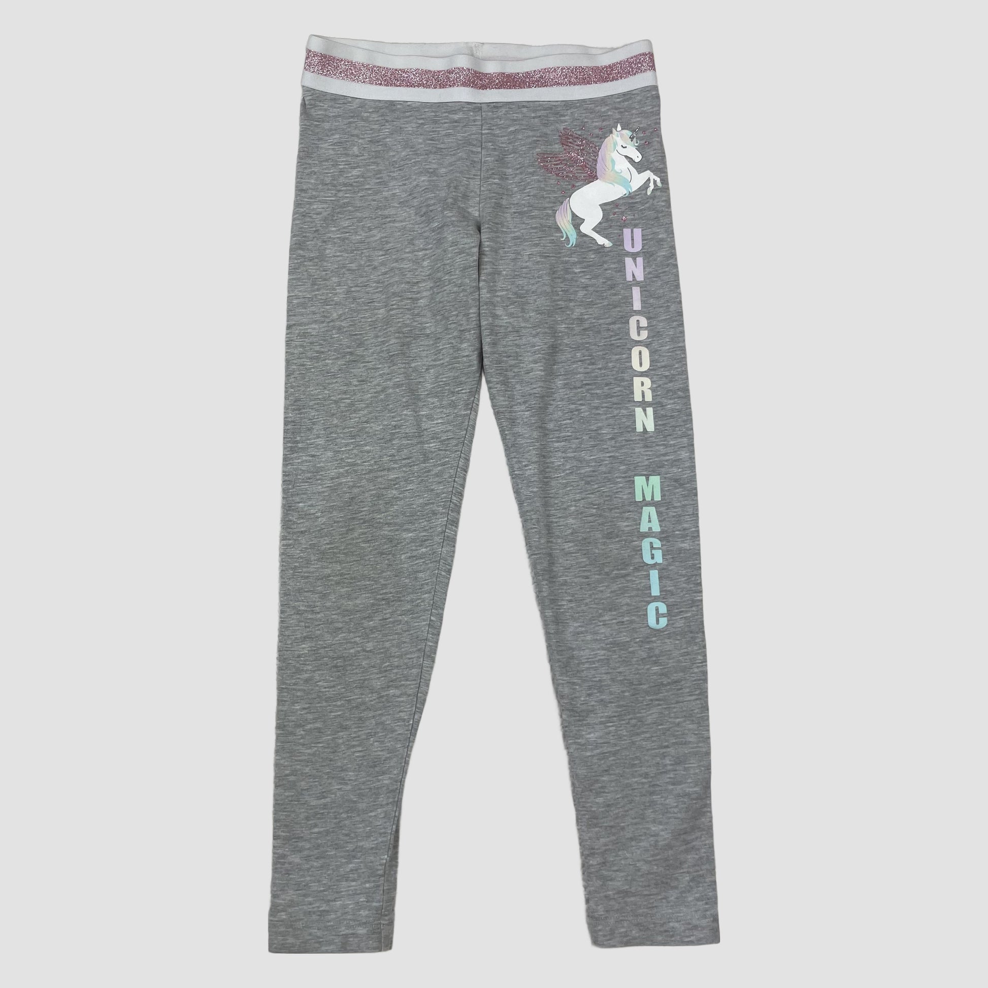 Graue Primark Leggings mit Einhorn-Print und Glitzerbund, Größe 122 – front