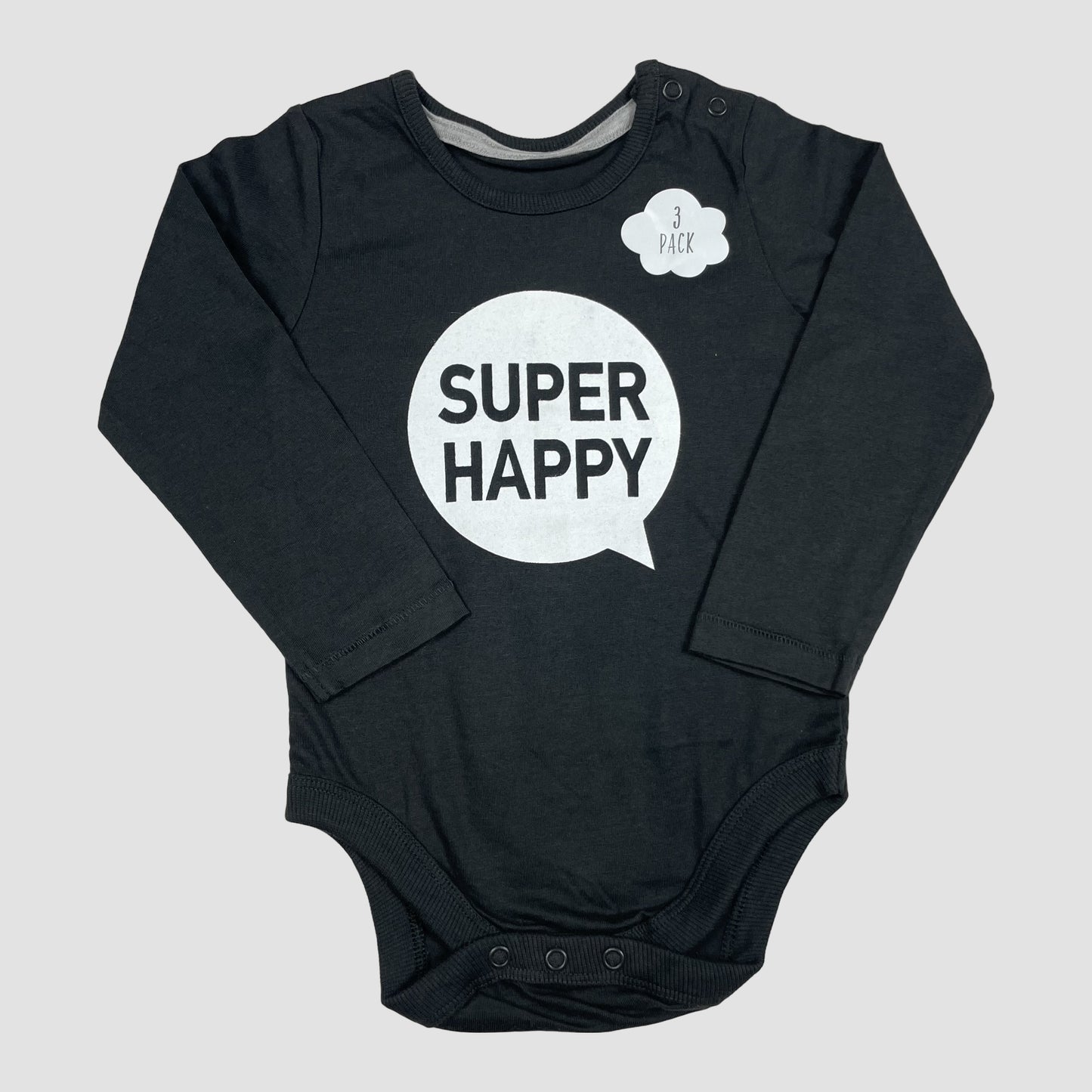 Schwarzer Langarm-Body von George mit „SUPER HAPPY“-Print, Größe 12–18 Monate