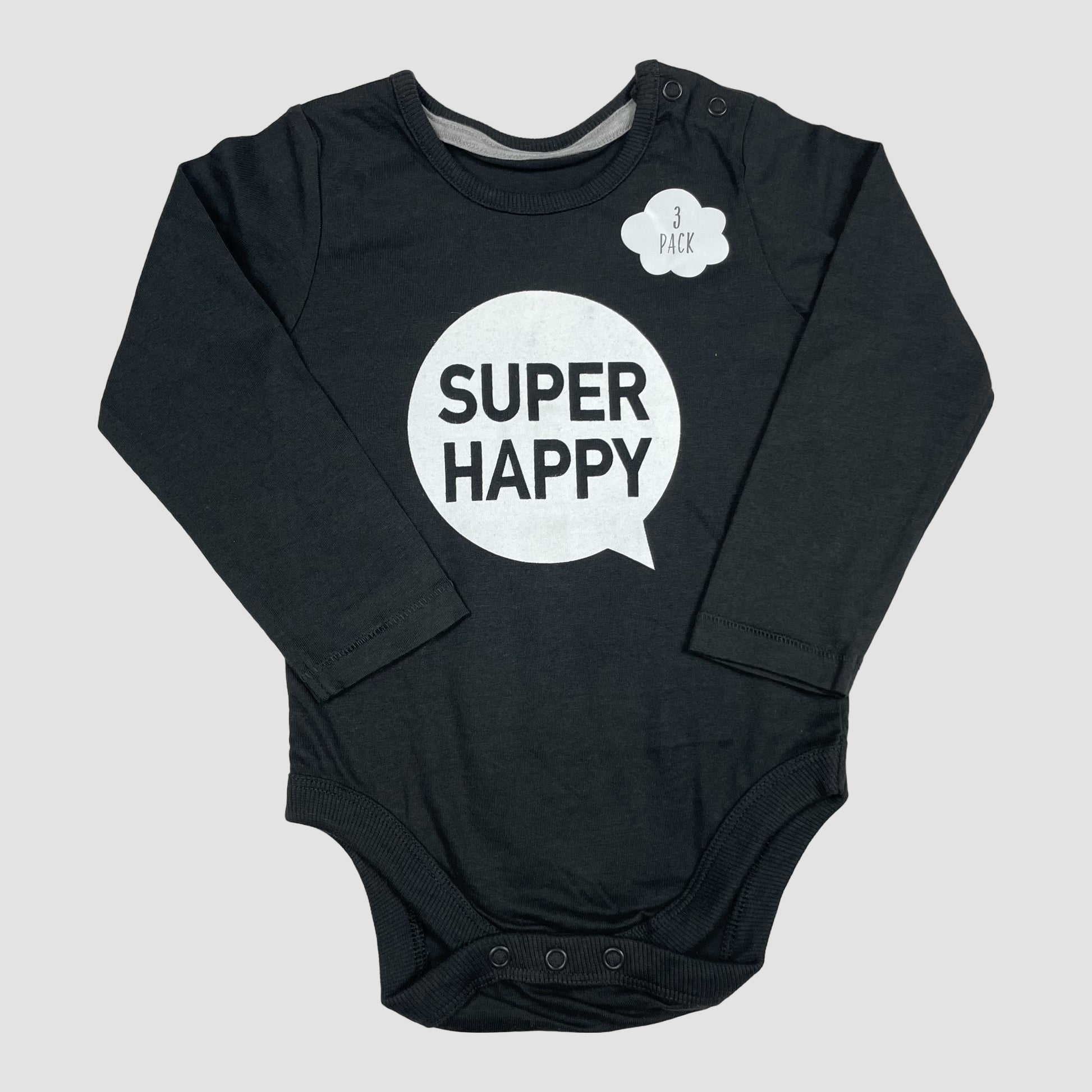 Schwarzer Langarm-Body von George mit „SUPER HAPPY“-Print, Größe 12–18 Monate