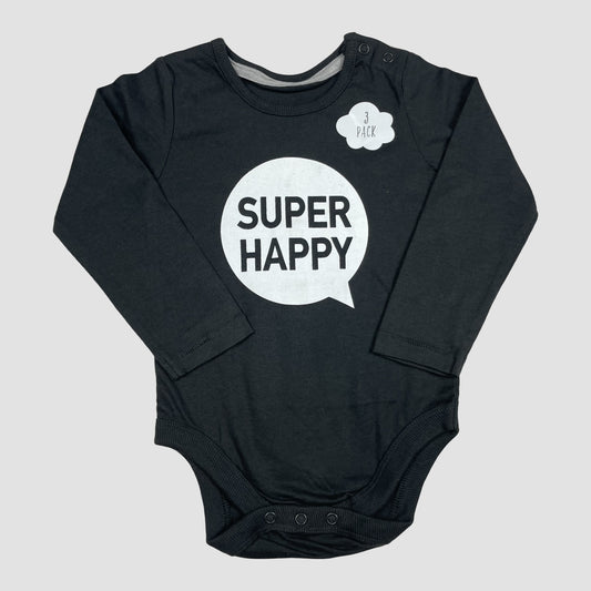 Schwarzer Langarm-Body von George mit „SUPER HAPPY“-Print, Größe 12–18 Monate